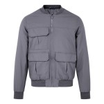 A grey jacket designed for use on construction sites and in industrial work environments.,