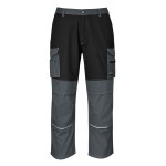 A pair of grey work trousers designed for use on construction sites and in industrial work environments.,