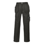 A pair of black work trousers designed for use on construction sites and in industrial work environments.,