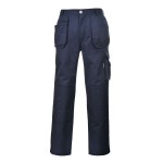 A pair of navy blue work trousers designed for use on construction sites and in industrial work environments.,