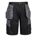 A black workwear garment designed for use on construction sites and in industrial work environments.,