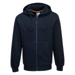 A navy blue work shirt designed for use on construction sites and in industrial work environments.,