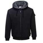 A black jacket designed for use on construction sites and in industrial work environments.,