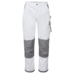 A pair of white work trousers designed for use on construction sites and in industrial work environments.,