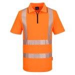 A high-visibility orange polo shirt featuring retroreflective tape panels, a full-length zip front, suitable for a wide range of outdoor and site work applications.
