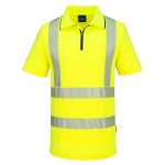 A high-visibility yellow polo shirt featuring retroreflective tape panels, a full-length zip front, suitable for a wide range of outdoor and site work applications.