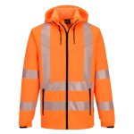 A high-visibility orange sweatshirt featuring retroreflective tape panels, a full-length zip front, suitable for a wide range of outdoor and site work applications.