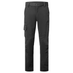 A pair of black work trousers designed for use on construction sites and in industrial work environments.,