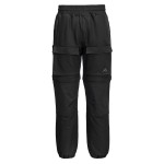 A pair of black work trousers designed for use on construction sites and in industrial work environments.,