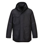 A black jacket designed for use on construction sites and in industrial work environments.,