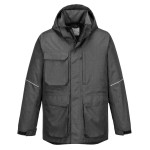 A grey jacket designed for use on construction sites and in industrial work environments.,