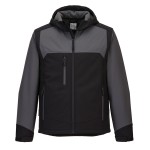 A black workwear garment designed for use on construction sites and in industrial work environments.,