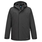A black waterproof jacket designed for use on construction sites and in industrial work environments.,