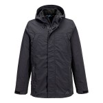 A black jacket designed for use on construction sites and in industrial work environments.,