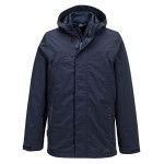 A navy blue jacket designed for use on construction sites and in industrial work environments.,