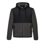 A black workwear garment designed for use on construction sites and in industrial work environments.,