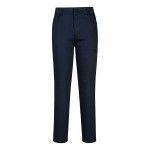 A pair of navy blue work trousers featuring stretch panels for ease of movement, suitable for a wide range of outdoor and site work applications.
