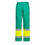 A pair of high-visibility yellow trousers featuring retroreflective tape panels, suitable for a wide range of outdoor and site work applications.