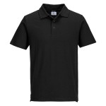 A black polo shirt designed for use on construction sites and in industrial work environments.,