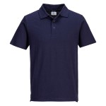 A navy blue polo shirt designed for use on construction sites and in industrial work environments.,