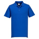 A blue polo shirt designed for use on construction sites and in industrial work environments.,