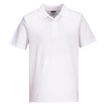 A white polo shirt designed for use on construction sites and in industrial work environments.,