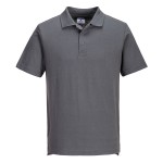 A grey polo shirt designed for use on construction sites and in industrial work environments.,