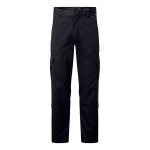 A pair of black work trousers designed for use on construction sites and in industrial work environments.,