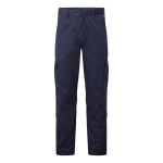 A pair of navy blue work trousers designed for use on construction sites and in industrial work environments.,