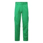 A pair of teal work trousers designed for use on construction sites and in industrial work environments.,