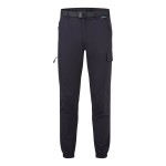 A pair of navy blue work trousers featuring stretch panels for ease of movement, suitable for a wide range of outdoor and site work applications.