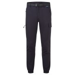 A pair of navy blue work trousers featuring stretch panels for ease of movement, suitable for a wide range of outdoor and site work applications.
