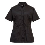 A women's black workwear garment designed for use on construction sites and in industrial work environments.,
