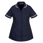 A women's navy blue workwear garment featuring stretch panels for ease of movement, suitable for a wide range of outdoor and site work applications.