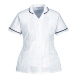 A women's white workwear garment featuring stretch panels for ease of movement, suitable for a wide range of outdoor and site work applications.