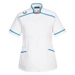 A white workwear garment designed for use on construction sites and in industrial work environments.,