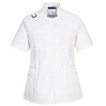 A white workwear garment designed for use on construction sites and in industrial work environments.,