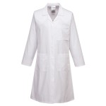 A women's white jacket designed for use on construction sites and in industrial work environments.,