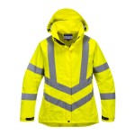 A women's high-visibility yellow waterproof jacket featuring retroreflective tape panels, a breathable membrane, suitable for a wide range of outdoor and site work applications.