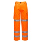 A pair of women's high-visibility orange trousers featuring retroreflective tape panels, suitable for a wide range of outdoor and site work applications.