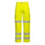 A pair of women's high-visibility yellow trousers featuring retroreflective tape panels, suitable for a wide range of outdoor and site work applications.