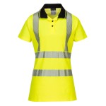 A women's high-visibility yellow polo shirt featuring retroreflective tape panels, suitable for a wide range of outdoor and site work applications.