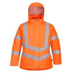 A women's high-visibility orange jacket featuring retroreflective tape panels, suitable for a wide range of outdoor and site work applications.