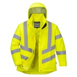 A women's high-visibility yellow jacket featuring retroreflective tape panels, suitable for a wide range of outdoor and site work applications.