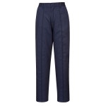 A pair of women's navy blue work trousers designed for use on construction sites and in industrial work environments.,
