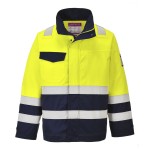 A high-visibility yellow jacket featuring retroreflective tape panels, flame-resistant fabric, suitable for a wide range of outdoor and site work applications.