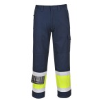 A pair of high-visibility yellow trousers featuring retroreflective tape panels, flame-resistant fabric, suitable for a wide range of outdoor and site work applications.