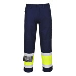 A pair of high-visibility yellow trousers featuring retroreflective tape panels, flame-resistant fabric, suitable for a wide range of outdoor and site work applications.