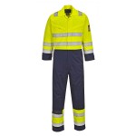 A high-visibility yellow coverall featuring retroreflective tape panels, flame-resistant fabric, suitable for a wide range of outdoor and site work applications.