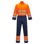 A orange coverall designed for use on construction sites and in industrial work environments.,